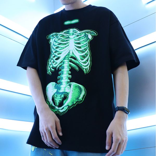 

sifan 2020 streetwear t shirt men hip hop oversize green creepy skeleton tshirts short sleeve cotton loose t-shirt black harajuku tees, White;black