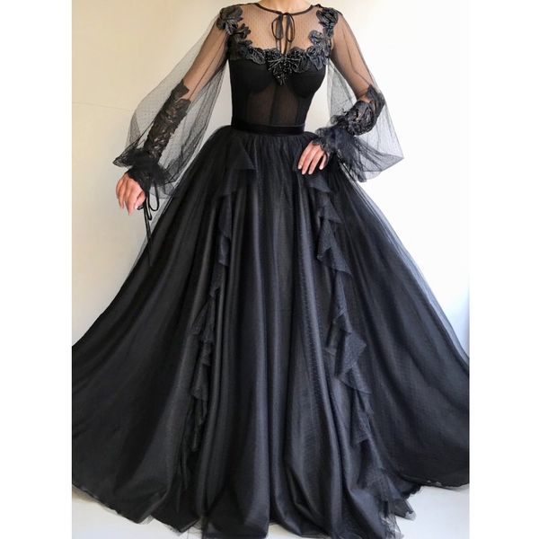 

2020 elegant woman plus size long prom black lace dresses formal party dress tulle muslim arabic evening gowns