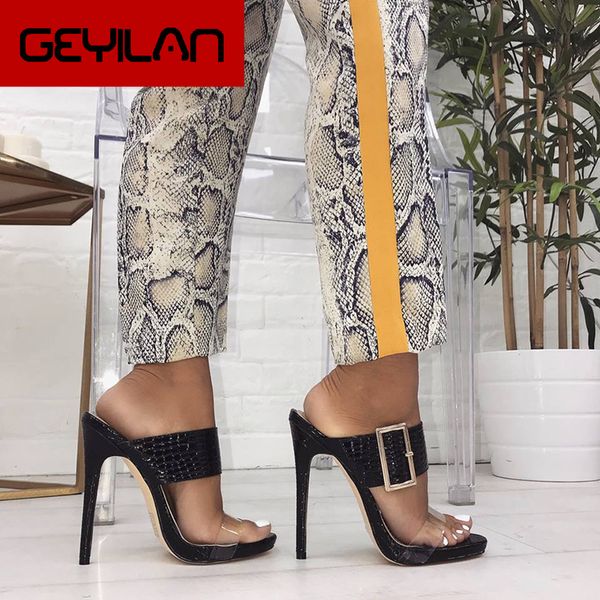 

2019 style summer serpentine slides women 11cm high heels buckle pvc mules slides female transparent heels fashion shoes, Black