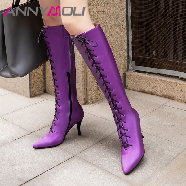 

annymoli autumn knee high boots women pu leather thin high heel tall boots zipper pointed toe shoes ladies winter big size 33-46, Black
