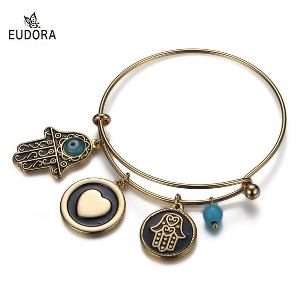 

eudora evil eye hamsa hand heart charm bracelets for women female friendship vintage hand of fatima crystal adjustable bracelet, Golden;silver