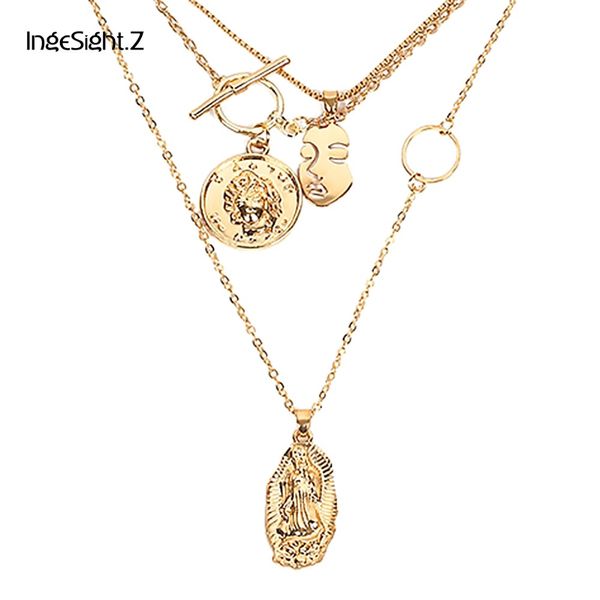 

ingesight.z boho multi layer chain pendant choker necklace portrait coin virgin mary face fashion women statement jewelry female, Silver