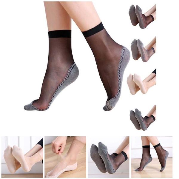 

newl 1 pair spring summer women soft socks casual non-slip bottom splice fashion transparent ladies girls thin silk sock bf88, Black