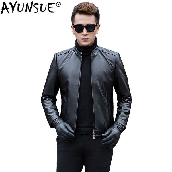 

ayunsue men's sheepskin coat spring autumn genuine leather jacket men motorcycle jackets men chaqueta cuero hombre kj1488, Black