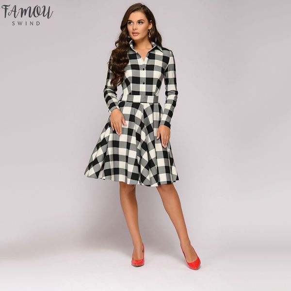 

женщины vintage plaid пояса платье с длинным рукавом turn down воротник элегантный офис леди платье 2020 зима женщины колено платье кнопка, Black;gray