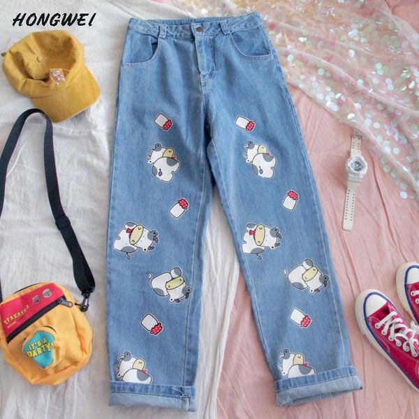 

korean harajuku jeans pants women streetwear kawaii cartoon trousers cute cow prints straight denim trousers, Blue