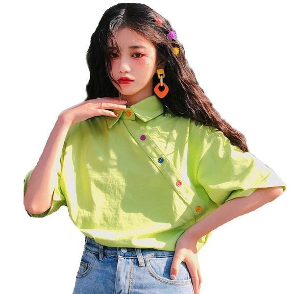

women shirts summer -2xl kawaii female rainbow colorful diagonal buttons short sleeves loose fashion tee shirt, White