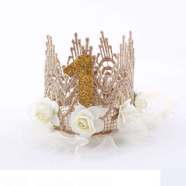 

дети день рождения шляпа для 1-летнего новорожденного день рождения милый колпачок кружева цветы корона творческий девушка партия аксессуары