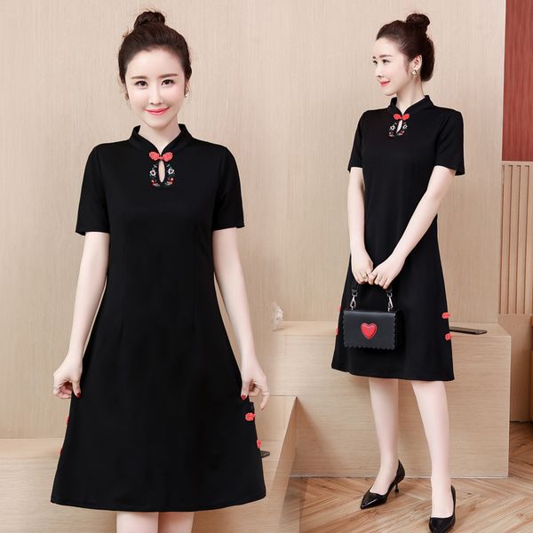 

2019 chinese dress qipao handmade button dress short sleeve chinese mandarin collar cheongsam black qi pao flower print, Red
