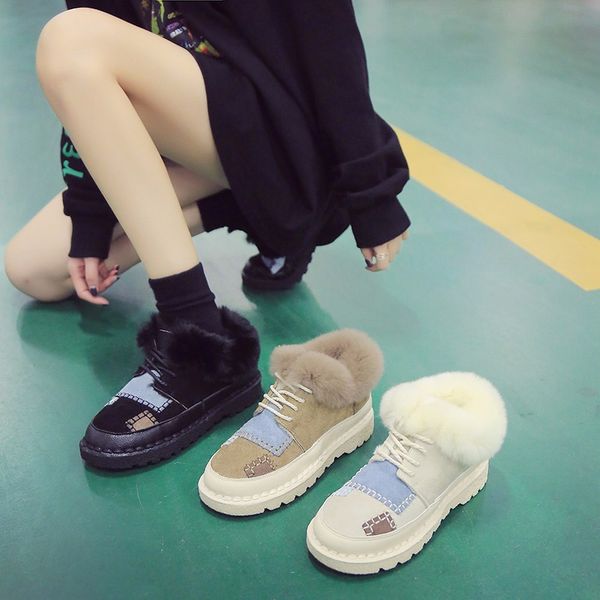 

women snow boots warm short fur plush winter ankle boot platform ladies lace-up suede shoes female comfort drop shipping u11-26, Black