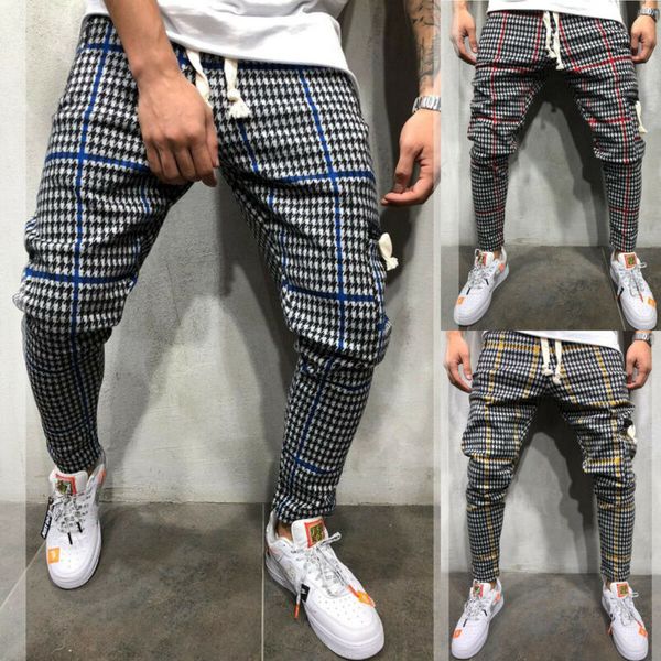

m-3xl men gym trousers plaid tracksuit bottoms skinny joggers sweat track pants, Black;blue