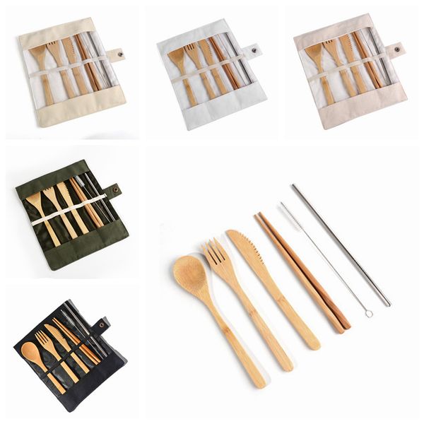 

portable cutlery set bamboo flatware set knife fork spoon straw brushes outdoor travel dinnerware set with cloth bag 7pcs/set ljja3341-1