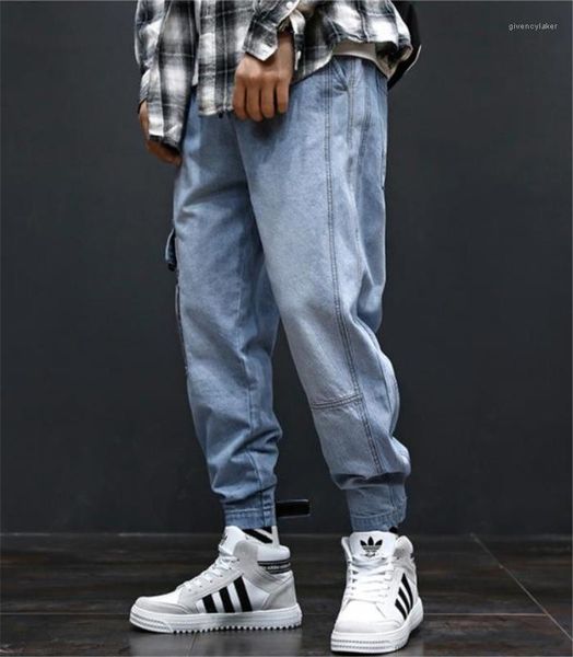 

blue mens jeans fashion long mens cargo pants with pockets hiphop loose light