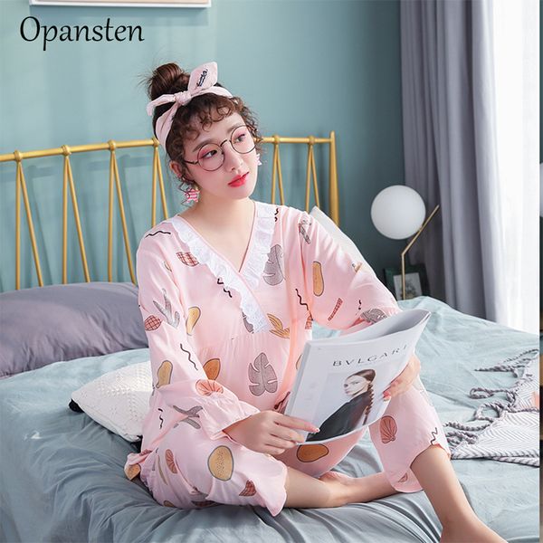 

opansten cotton pajamas for women plus size sleepwear flower print homewear lingerie female girls comfortable nightwear, Black;red
