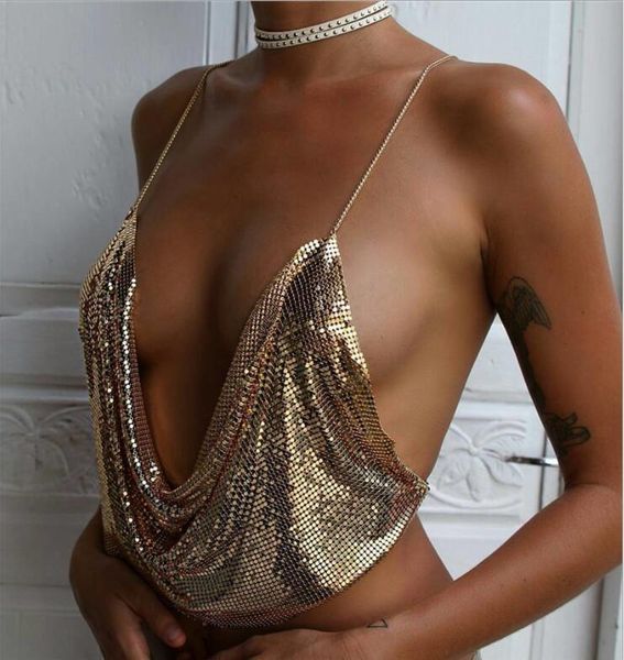 

rhinestone backless партии crop top женщины 2019 лето глубокий v шеи ночной клуб diamonds metal tank tops, White