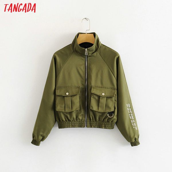 

tangada women thin spring bomber jacket letter print female long sleeve zipper ladies oversized jackets outwear 2l01, Black;brown