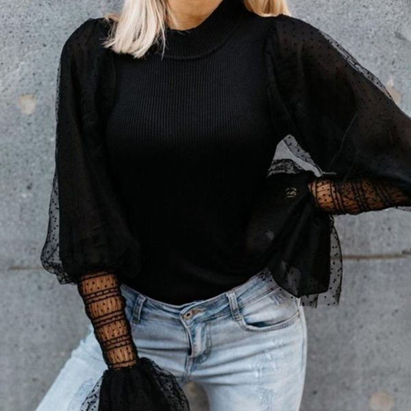 

women's summer blouse fashion mesh sheer 2020 spring polka dots blusas female o neck knitted tunic patchwork shirt, White