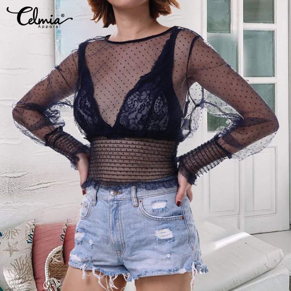

vintage casual long sleeve loose blouses women celmia casual polka dot perspective ladies see-through shirts elegant blusas, White