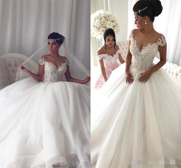Newest Short Sleeve Ball Gown Wedding Dresses Appliques Beaded