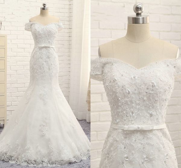 

gothic lace applique rhinestone beaded wedding dresses mermaid 2020 real image off shoulder sleeves lace-up bridal gowns plus size party, White