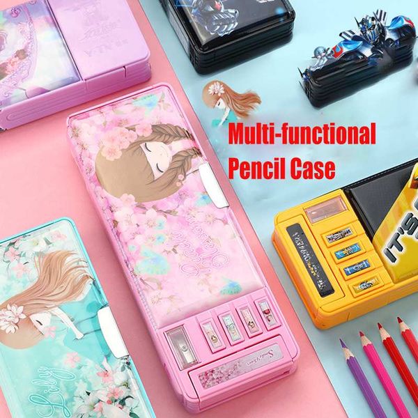 

cartoon fancy stationery multi-function pen box plastic two layer double open multi-layer pencil case student gift school supply