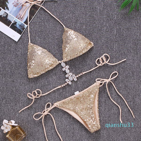 

fashion-glitter sequins crystal swimwear bikinis set gold green blue monokini push-up padded bathing suit brazilian swimsuit