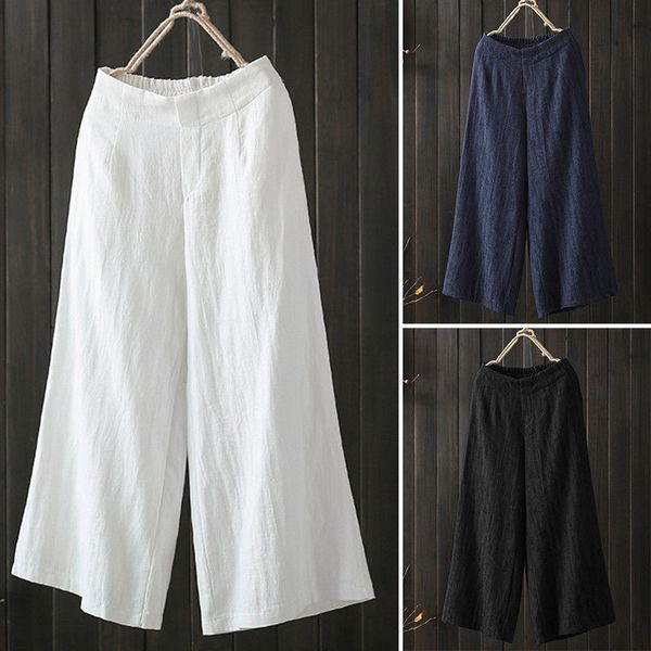 

women's pants & capris summer leisure simple cotton-wadded mid-waist trousers loose nine wide leg white, Black;white