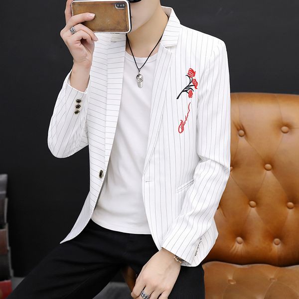 

2019 men stripe embroidery suit young cultivate one's morality character suit trend thin handsome, White;black