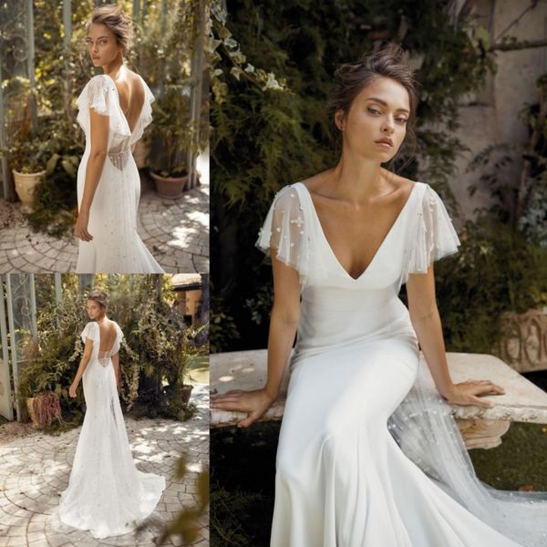 Elegante lihi hode sereia vestidos de casamento backless frisado v pescoço apliques praia vestidos nupciais cetim varredura trem trumpeta roubão de mariée