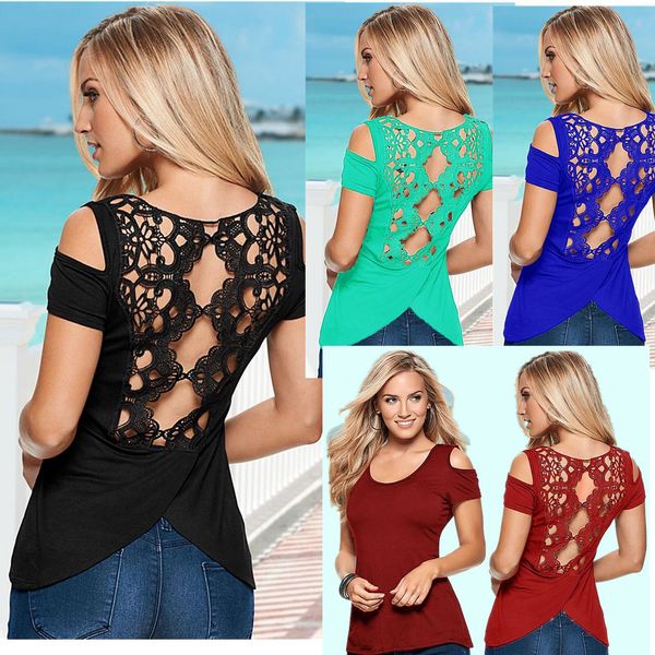 

plus size back lace blusas summer elegant women t shirt lace crochet short sleeve cold shoulder split t shirt ing, White