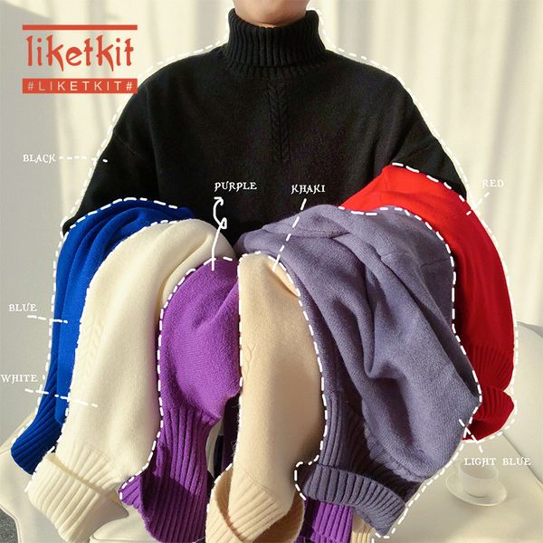 

liketkit mens 2020 spring new turtleneck sweater mens korean couples fashion solid warm pullovers male knitted sweaters 7 colors, White;black