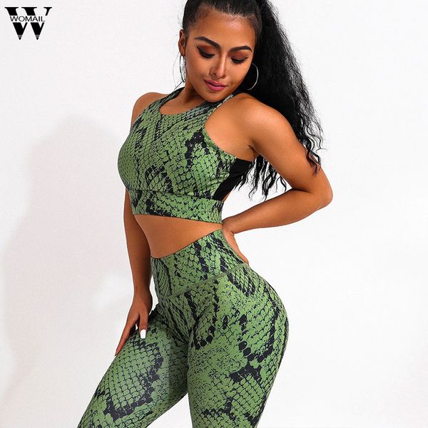 

womail women seamless set fitness sports suits gym women light green snake pattern suit fashion feet pants, White