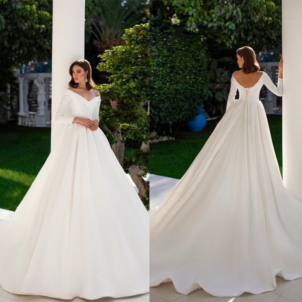 

elegant a line wedding dresses off shoulder long sleeve lace appliques sweep train wedding dress bridal gowns robe de mariee, White