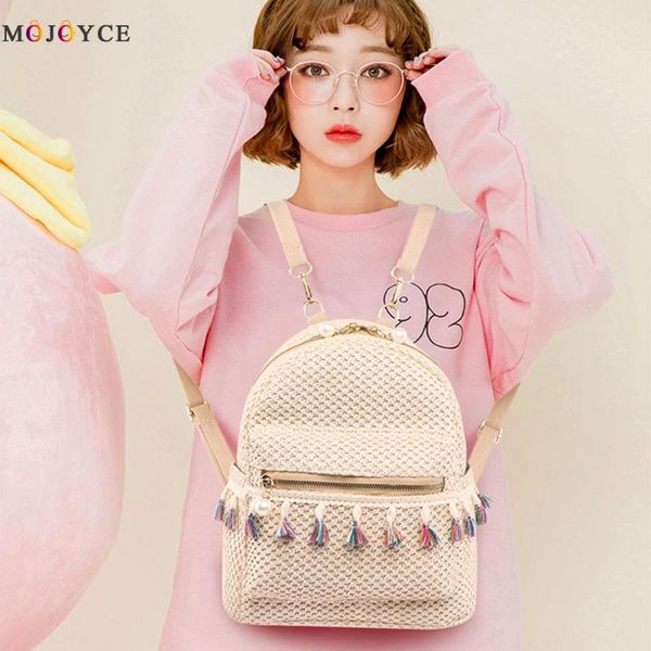 

straw women backpack weave tassel summer beach female shoulder school bag