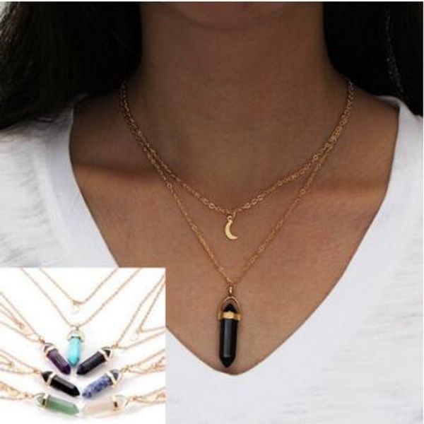 

натуральный камень подвески кристалл ожерелья многослойные цепи луна шестиугольные призмы подвески ожерелья для женщин шеи 7 цветов, Silver