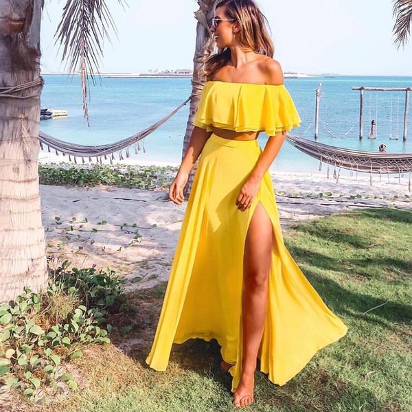 

summer women outfits yellow 2pcs set floor length maxi skirt split side off the shoulder backless crop ruffled top, White