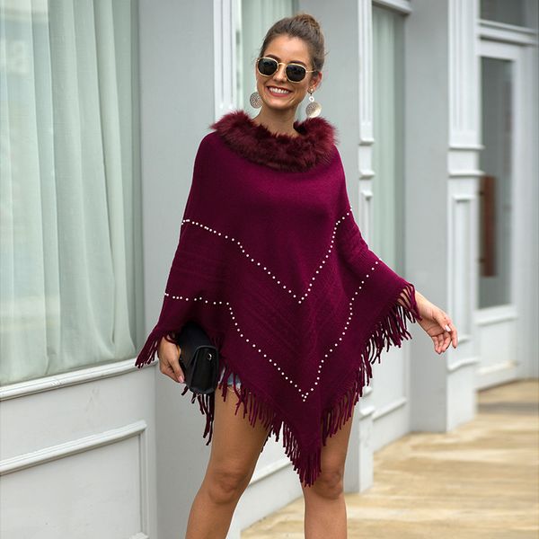 

hee grand new sweaters 2019 faux fur collar pullovers autumn knitted outwears elegant beading cloaks purple tassel wraps wzl1511, Black