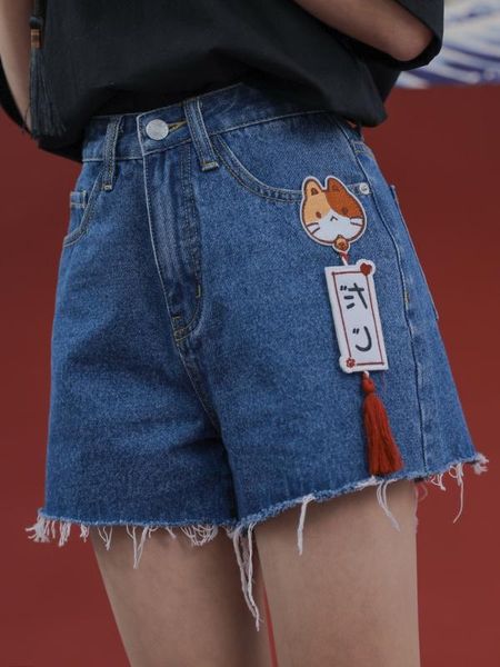 

summer kawaii cat women denim shorts mori vintage tassel teen gilrs high waist shorts cute animal embroidery slim blue jeans, White;black