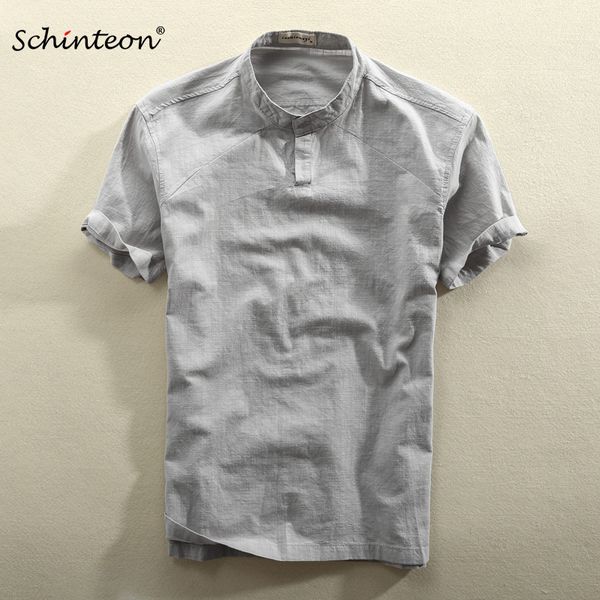 

2019 schinteon men casual cotton linen shirt summer solid color thin short sleeve stand color, White;black