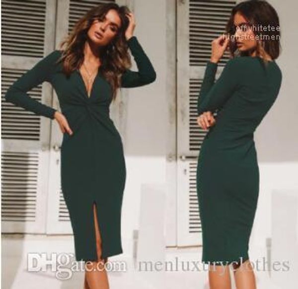 

ol work bodycon dresses for women spring autumn blackish green split up deep v-neck long sleeved pencil dress, Black;gray