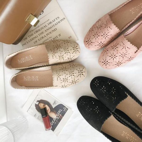 

summer new arrival women ladies casual flats single shoes breathable hollow mouth round toe doug shoes loafers suede leather, Black