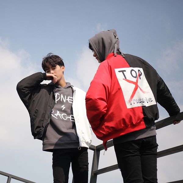 

bomber jacket fashion streetwear black white splicing jacket outerwear, Black;brown