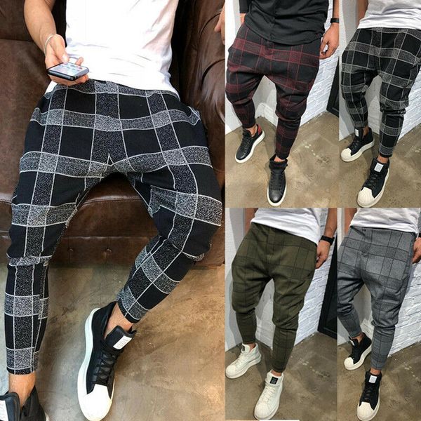 

mens fashion casual contrast color plaid pants tracksuit bottoms harem pants jogging black gray red army green