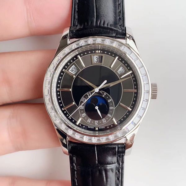 

km factory complex function timing watch automatic mechanical movement cal.324s watch by 40mm904l steel sapphire crystal glass lunar phase c, Slivery;brown