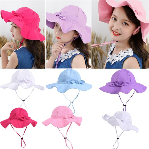 

toddler kids baby girl sun hat summer wave wide brim bowknot bucket hats cap girls children travel beach headwear caps 5 colors, Yellow