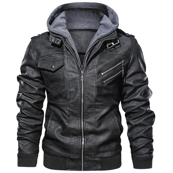 

autumn winter jacket men casual fashion double zipper hooded leather jackets mens outwear warm windbreaker punk moto biker coats, Black