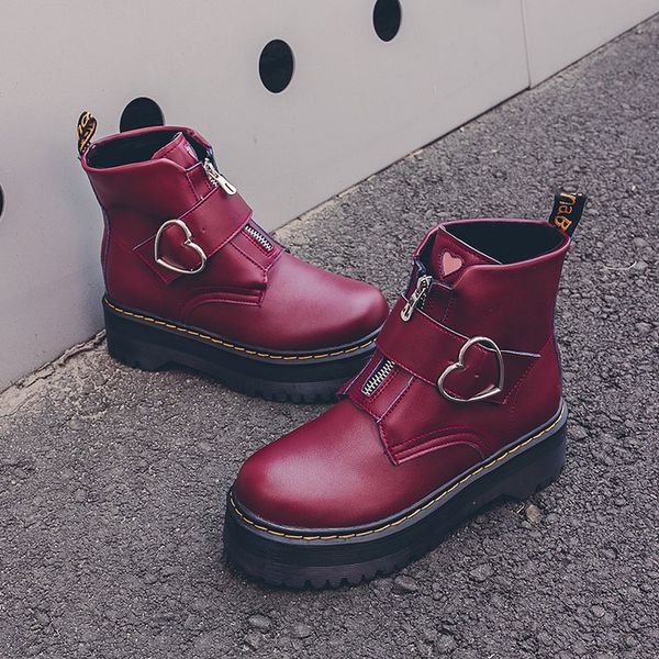 

fashion front zipper flat shoes woman high heel platform pu leather boots lace up women shoes motorcycle ankle boots girls, Black