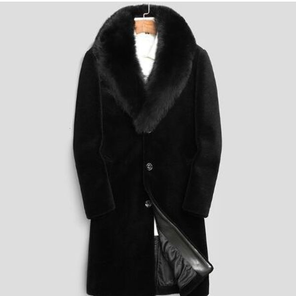 

winter mens sheep shearling overcoat business luxury furry fur collar real fur mid long coat banquet party coats, Black