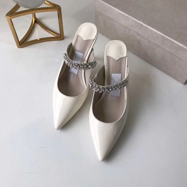 

high heel sandal women pointed crystal strap sandal patent leather mules women flat mules designer stiletto heel dress sandal with box, Black