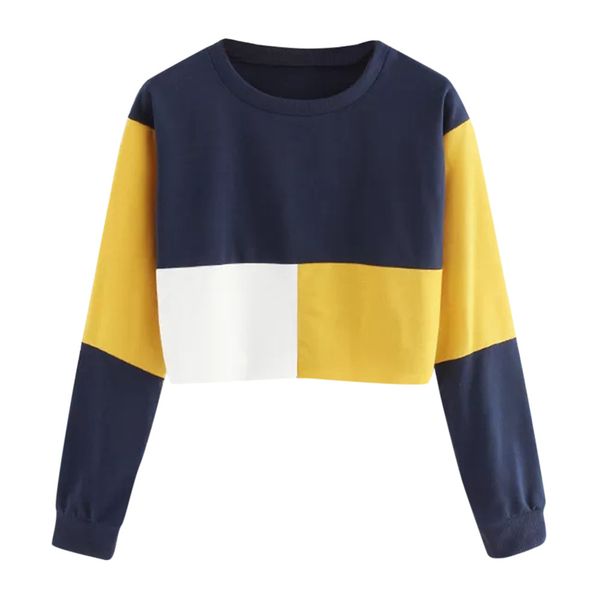 

color patchwork sweatshirt short pullover round neck women's shirt casual long sleeve blouse busos para mujer, Black
